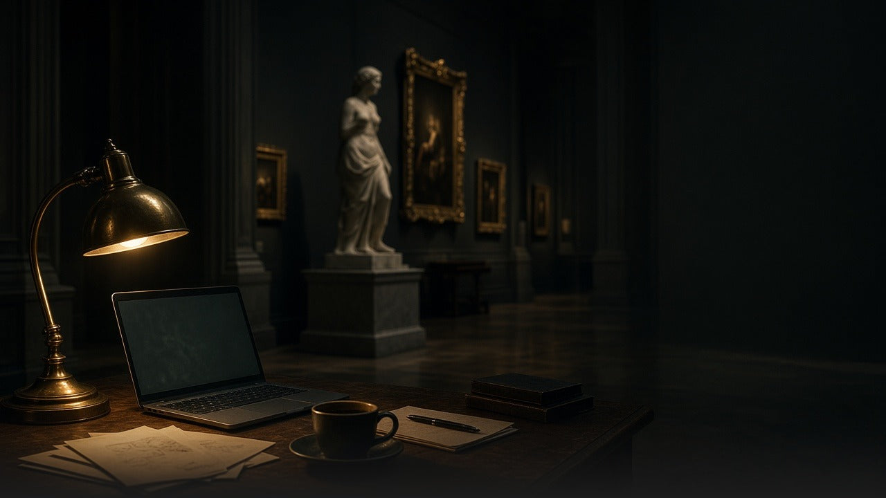 Late night work in a museum gallery, fading into the page below