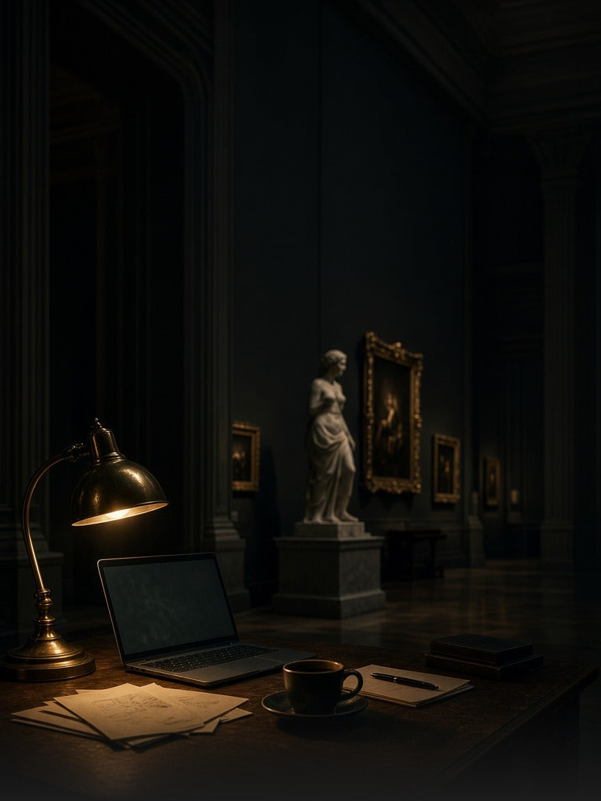 Late night work in a museum gallery, portrait crop for mobile