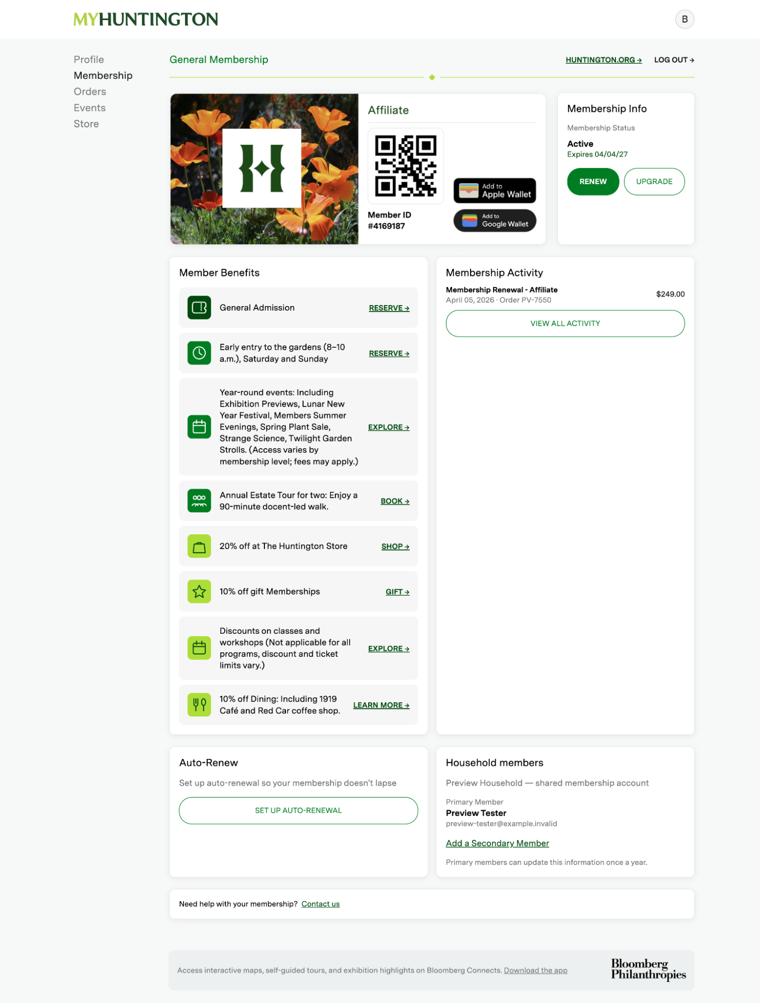 MyHuntington Membership page: digital card, benefits, household, and auto-renew