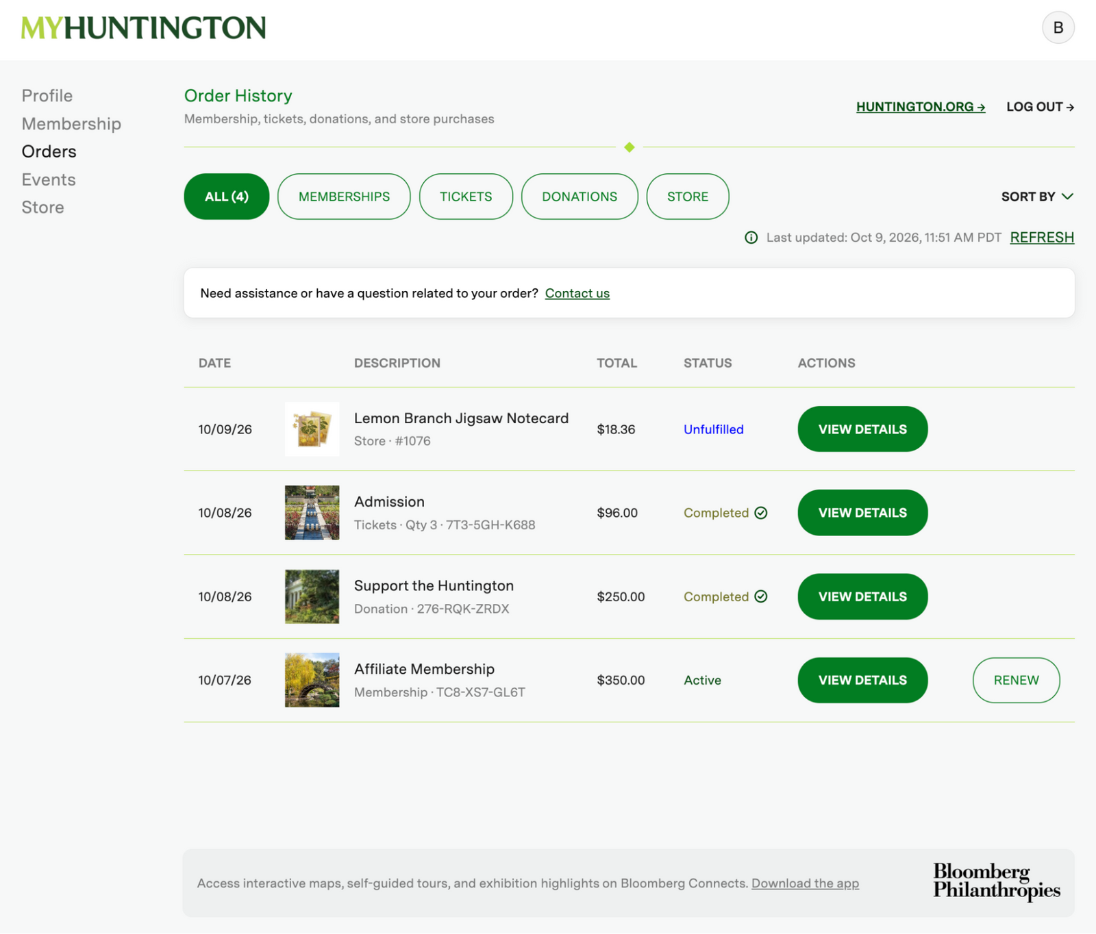 Unified order history: renewals, tickets, donations, and store purchases in one list