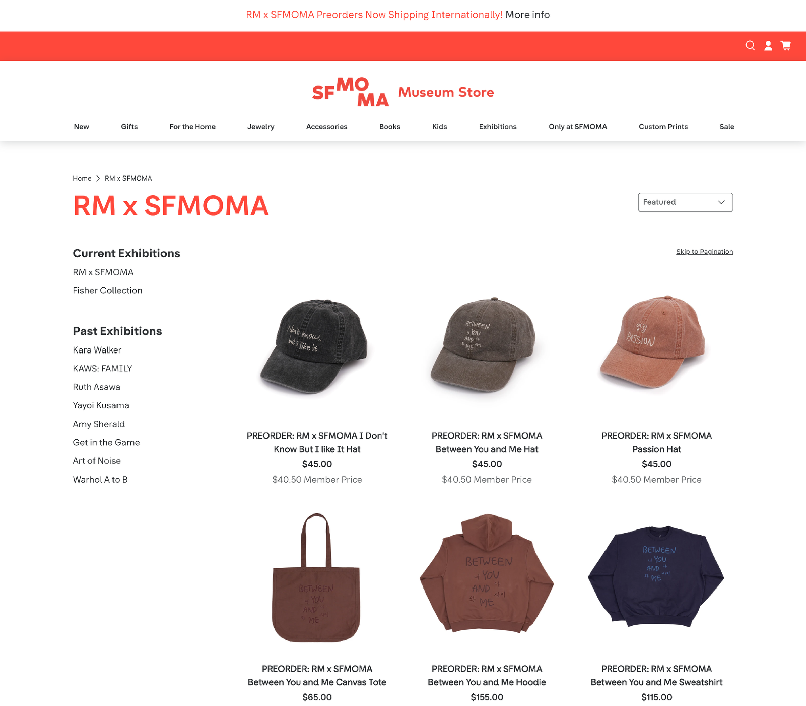 The RM x SFMOMA collection: three caps, a hoodie, a sweatshirt, a tote, and a zine