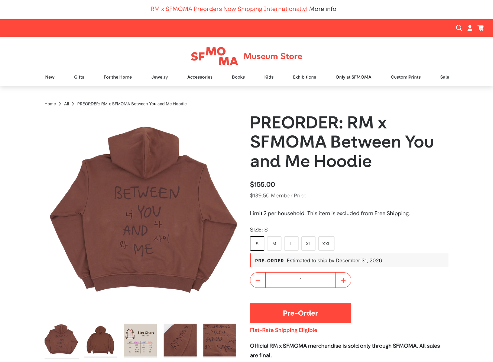 Pre-order product page with estimated ship date, two-per-household limit, and member price